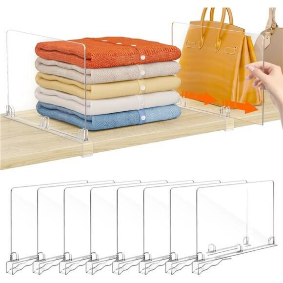 Clear Acrylic Shelf Dividers Closet Organizer 8 Pack Purse Towel Blanket Storage - Picture 1 of 8